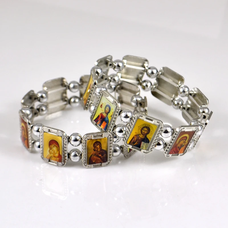 Orthodox Icon Rosary Beads Bracelet JESUS Virgin Mary Fashion Religious Jewelry Alloy Elastic Bracelets