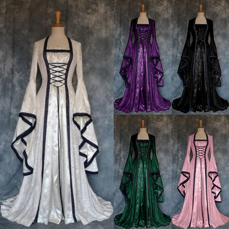 Vestido de Corte Medieval Retro para Mujer, Faldas de Gala con Mangas Acampanadas, Ropa Formal de Verano, Disfraz Étnico para Escenario, Premium para Damas