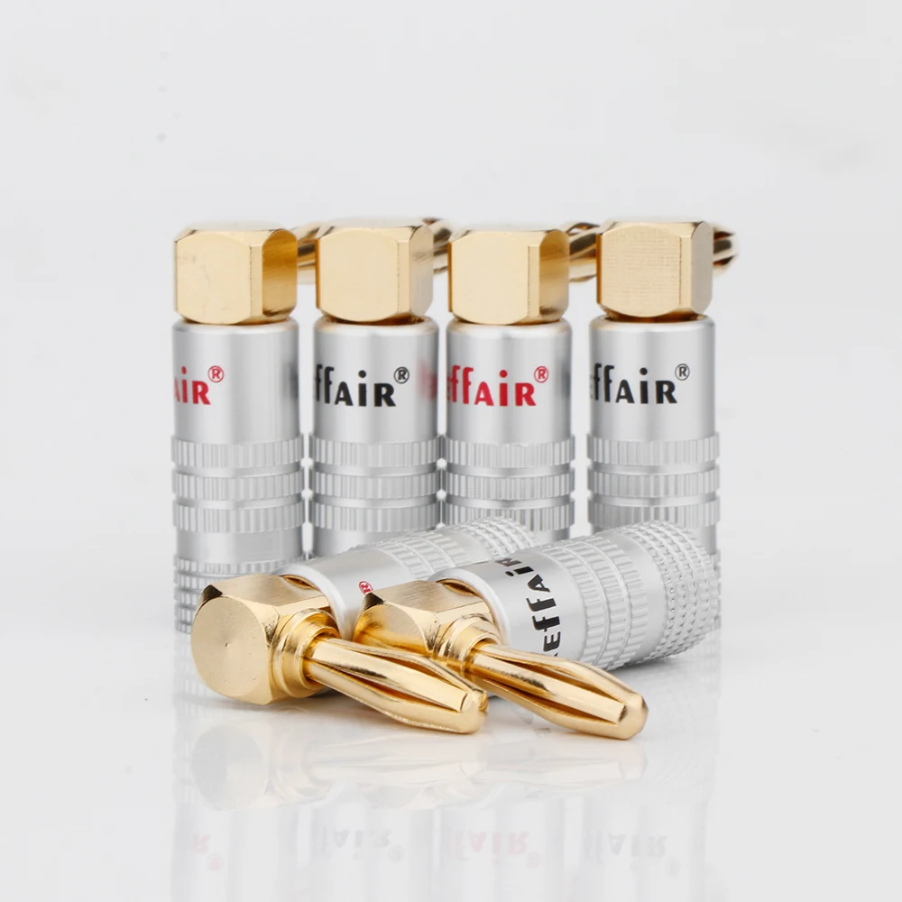 Preffair BA1467 24K الذهب 90 درجة الزاوية اليمنى المتكلم الموز المقابس الصوت وصلة مرفاع لكابل مكبر الصوت