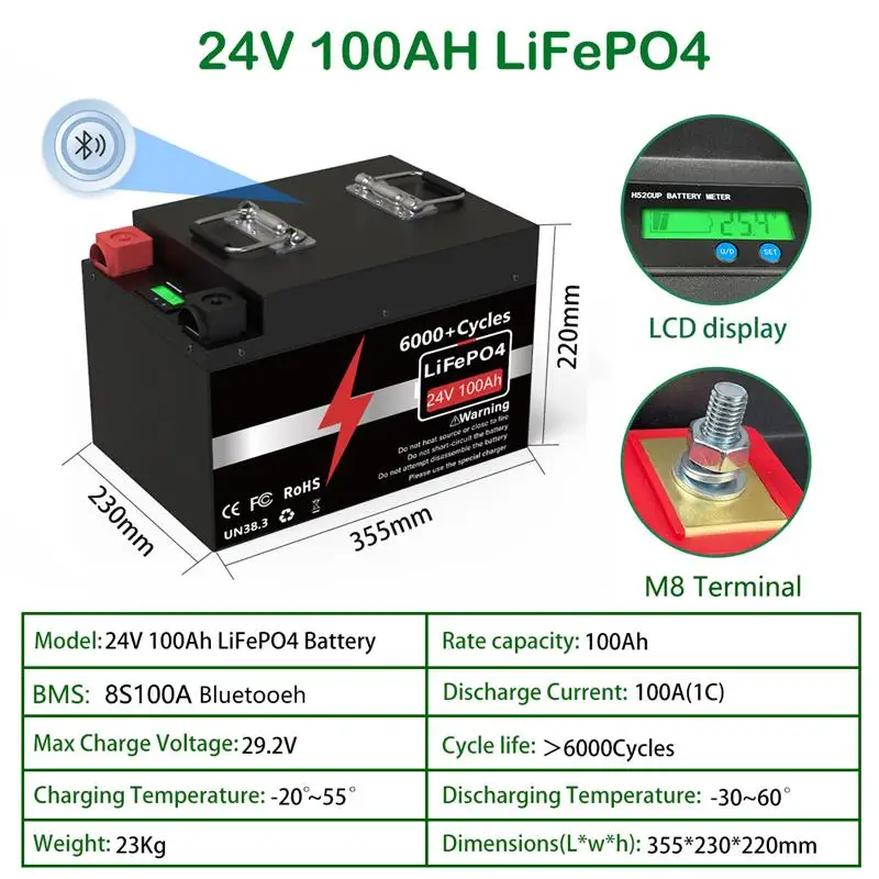 Top LiFePO4 Battery 24V 300Ah 200Ah 240Ah Buletooth BMS 12.8V 25.6V 6000+ Cycles Grade A Cells For RV Boat Solar EU UKR Delivery