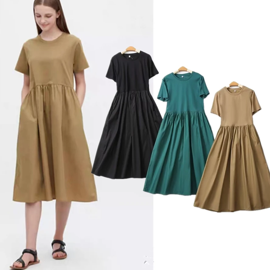 

Dave&Di Fashion Dress Ladies Simple Cotton Round Neck Waist Loose Casual Mid Dress Women