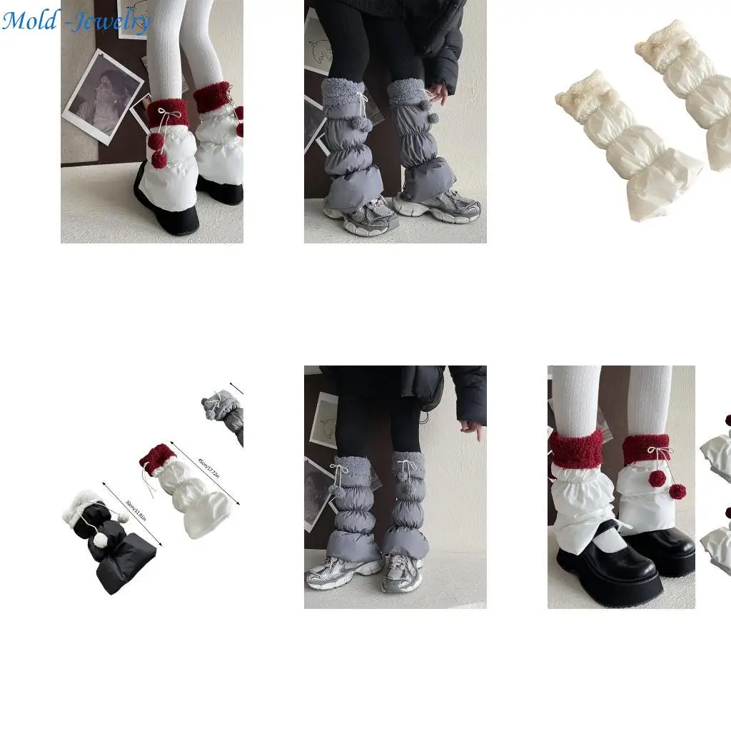 

69HB Lamb Fleece Trim Padded Puffer Leg Warmers with Plush Balls for Women Warm Thermal Quilted Boot Cuffs Foot Covers