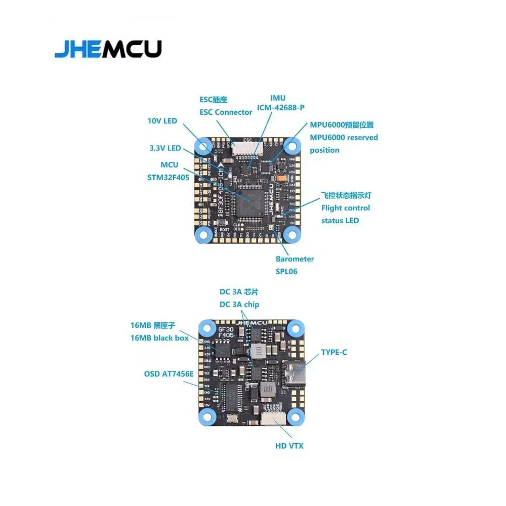 JHEMCU GF30F405 contrôleur de vol ICM42688 Baro OSD BlackBox 5V10V BEC 3S8S 30X30mm idéal pour les pièces de Drone RC FPV Freestyle