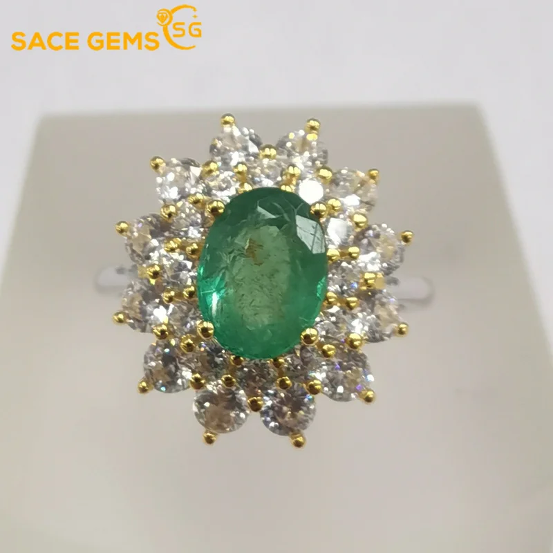 

SACE GEMS Resizable 925 Sterling Silver Sparkling 6*8mm Emerald Created High Carbon Diamond Wedding Rings Party Fine Jewelry