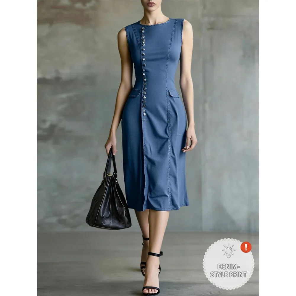 

Round Neck Sleeveless Button Pocket Midi Dress for Women | Casual Office Style for Daily Work and Business Occasions