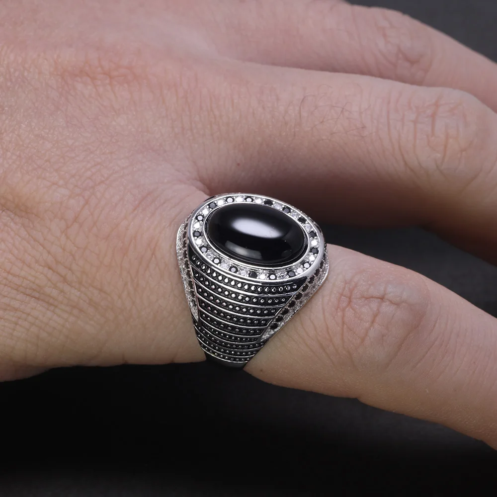 Real Pure 925 Sterling Silver Rings For Men With Natural Onyx paved with Black Zircon Turkish Finger Rings Man Wedding Band