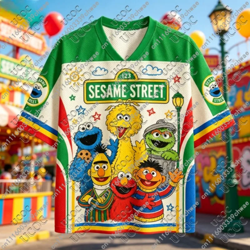 Cute Cartoon Sesame Street Character Art Mesh Tee Y2K Oversized Short Sleeve Breathable Graphic Sports Jersey Men Women