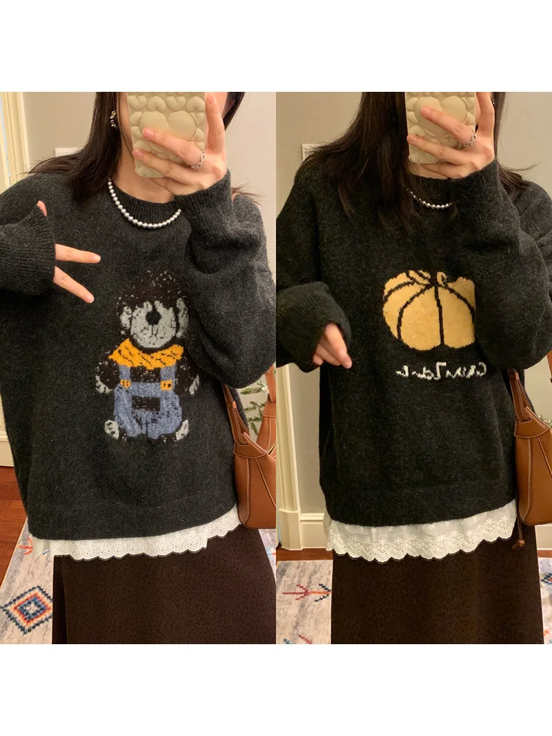 

Autumn Winter Knitwear Embroidered Pattern Color Blo Hem Lace Trim Casual Sle Women's Thiened Long Sve Mid-Length Sw...