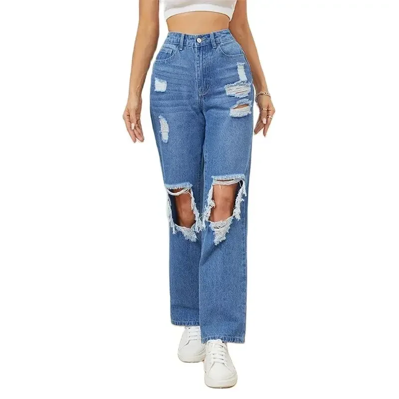 

Fashion Broken Holes Women Trend Straight Jeans Summer Knees Hollow Out Casual Female Denim Trousers New Vintage Mid Waist Pants