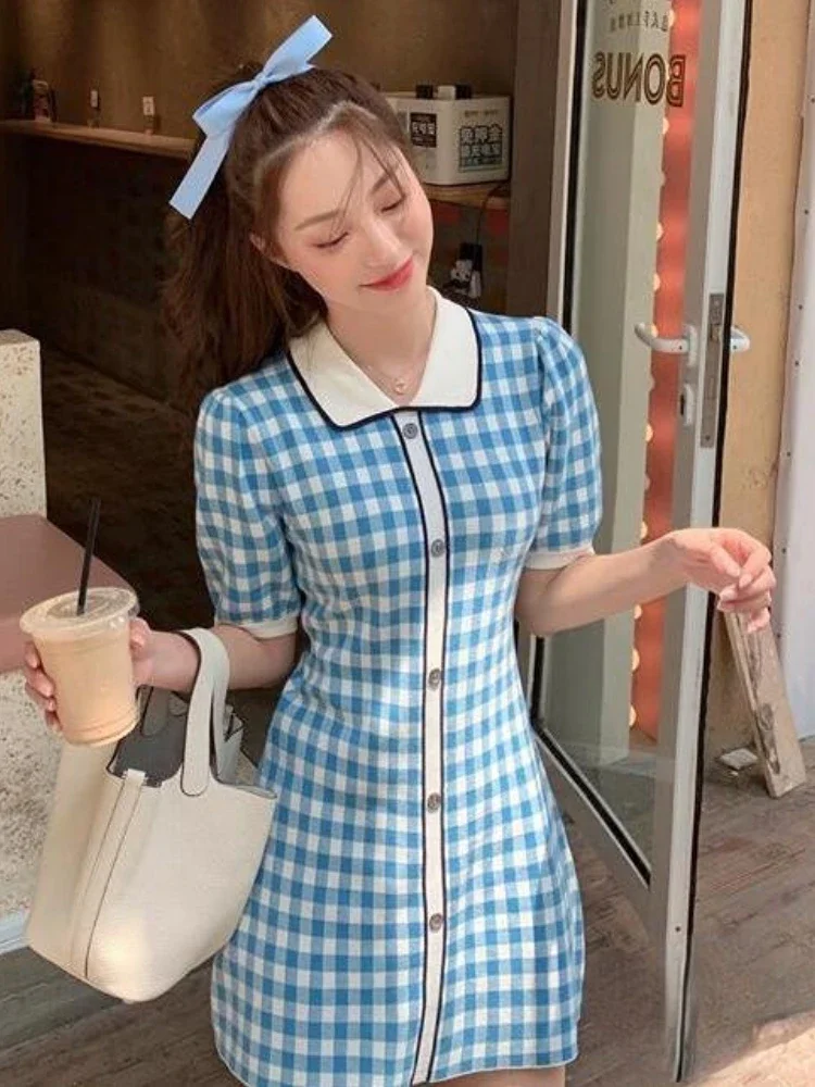 Woherb Vintage Plaid Knitted A-line Dress Women 2024 Summer Short Sleeve Single-breasted Elegant Fashion Ladies Vestidos Mujer