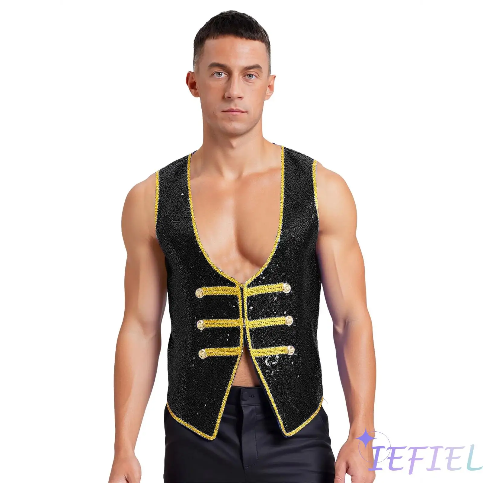 

Showman Sleeveless Tailcoat Metallic Sequins Asymmetrical Hem Gold Fringe Gothic Ringleader Costume Halloween Theme Party Jacket