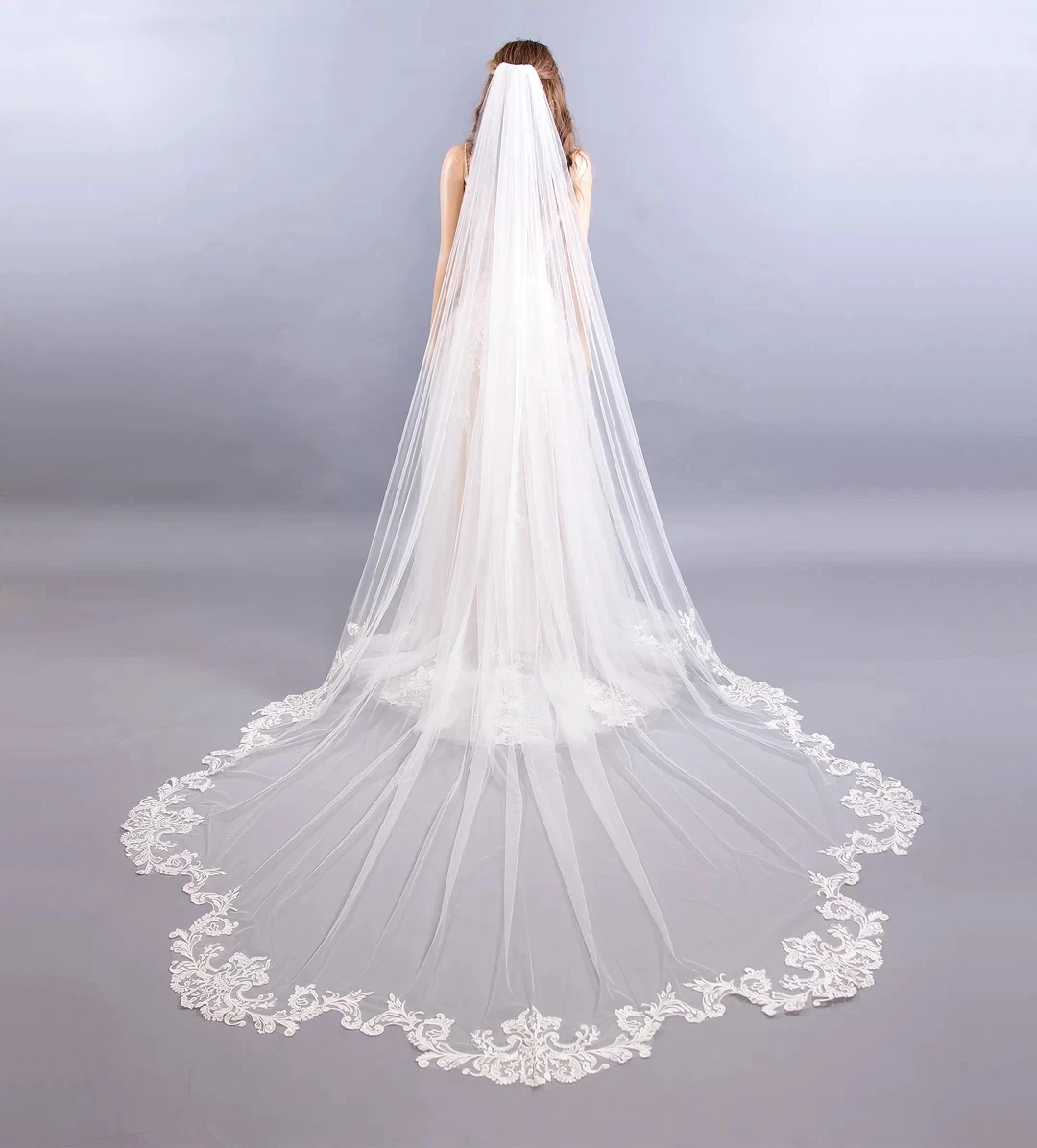 Customized 3M Ivory Wedding Veil Cathedral Length Wedding Veil Floral Lace Edge Bridal Veil Soft Tulle
