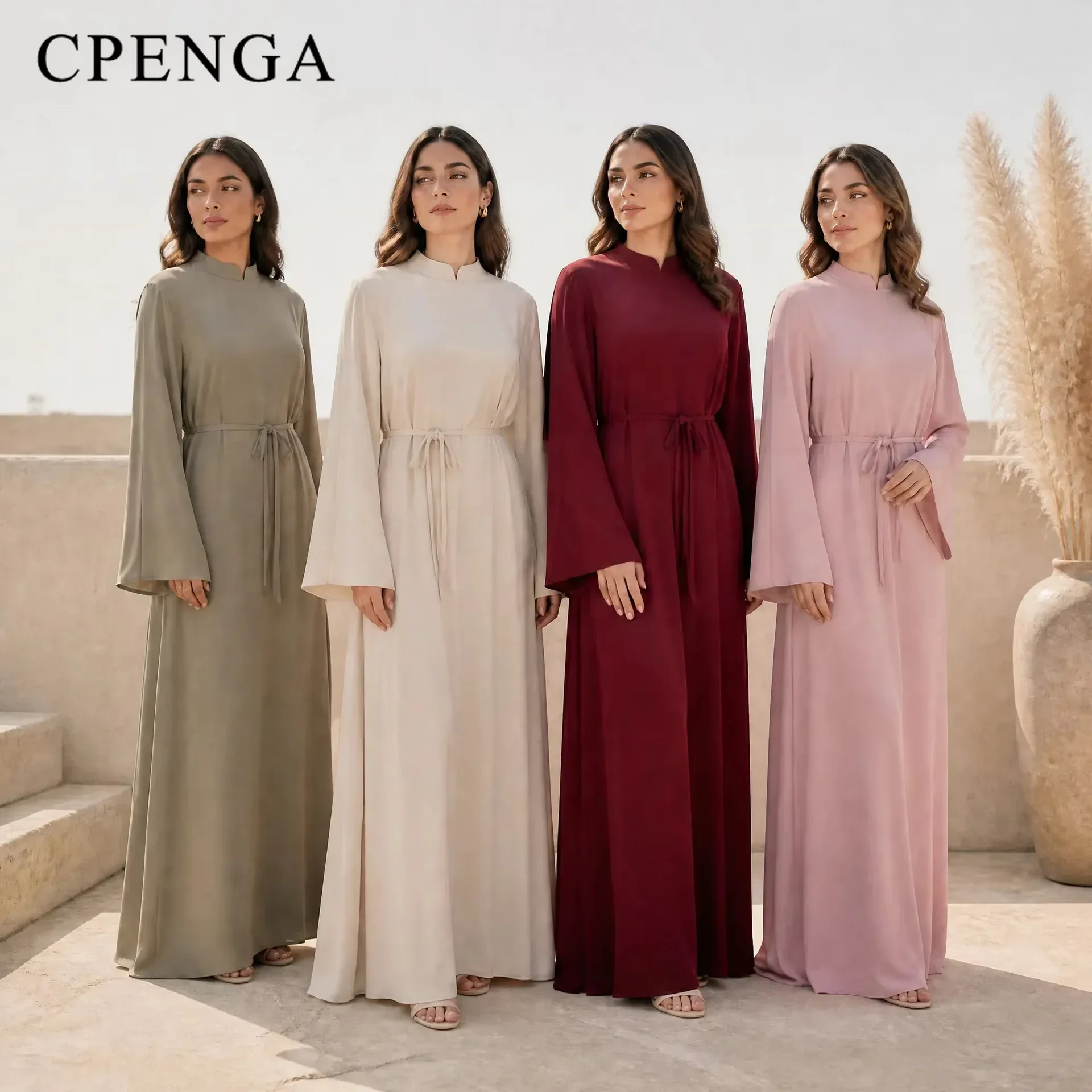 Luxury Dubai Abaya for Muslim Woman 2026 Ramadan Long Sleeve Mandarin Collar Bell Sleeve Solid Color Flowy Modest Turkey Dress