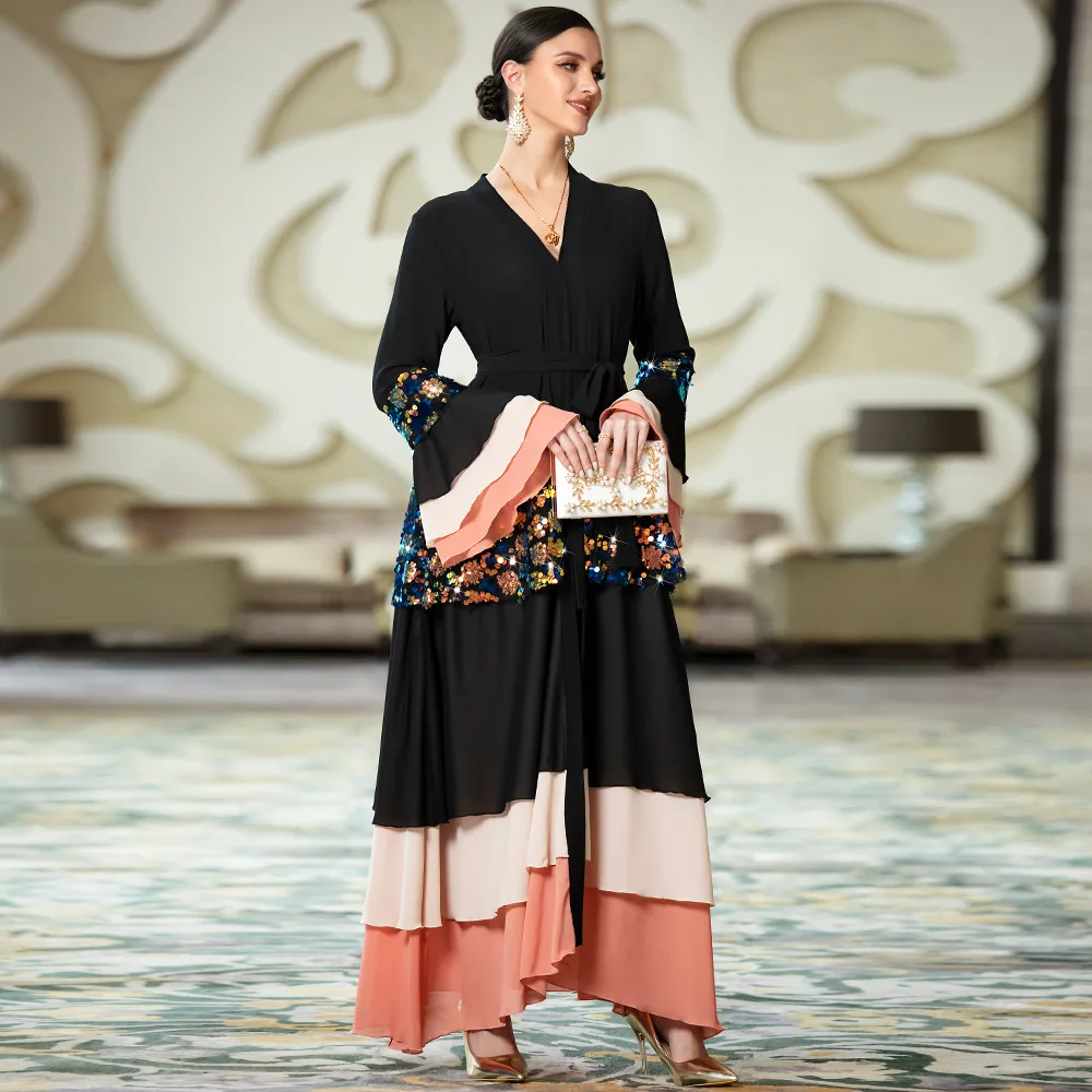 Mew Kimono ouvert Abaya paillettes Cardigan femmes musulmanes ceinture Robe dubaï turquie caftan Eid Ramadan Jalabiya Robe à volants Abayas Robe