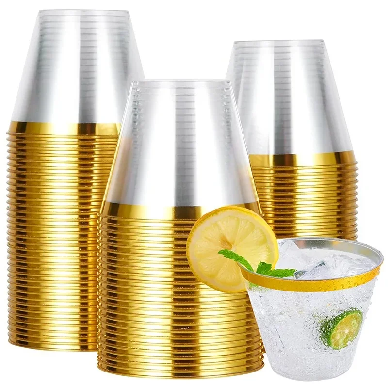 25PCS Disposable Plastic Cups Crystal Clear Cocktail Cups Wine Beer Mug Rose Gold for Weddings Thanksgiving Christmas Party