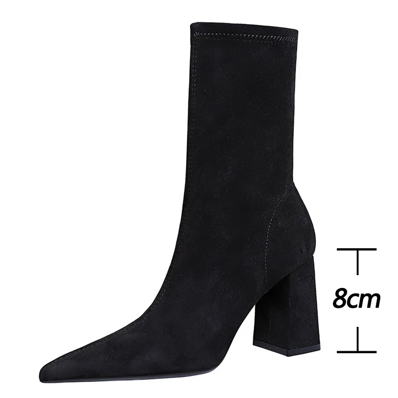 BIGTREE Shoes High Heel Boots Suede Women Ankle Boots Pointed Toe Socks Boots Thick Heel Women Shoes Warm Winter Boots Size 43