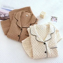 2026 Spring and Autumn New Women's Pajama Set 100%cotton crepe long-sleeved trousers two-piece polka dot cute home wear thin set