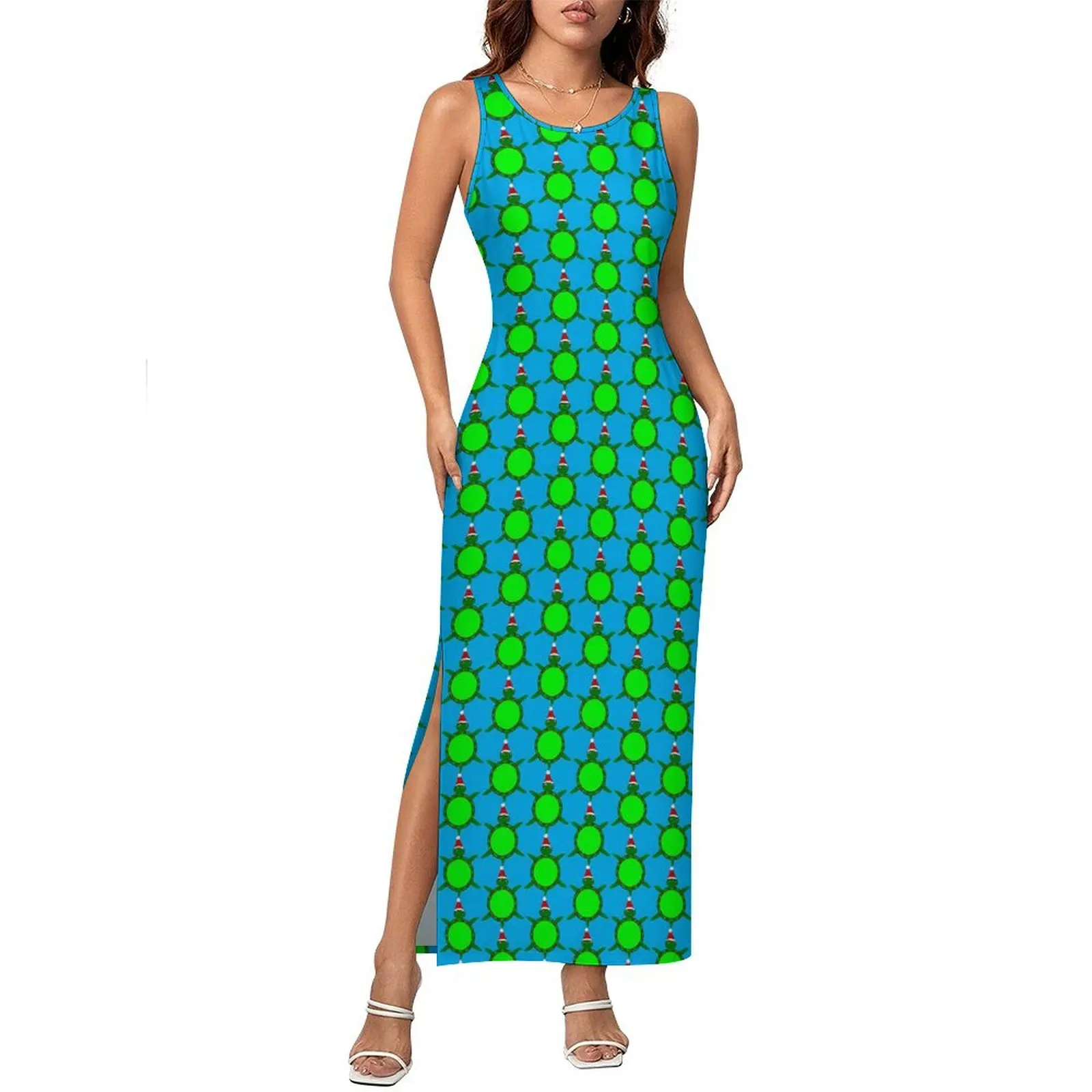 Vestido de tartaruga marinha de natal sem mangas concha florida elegante maxi vestidos férias coreano moda gráfico bodycon vestido tamanho grande