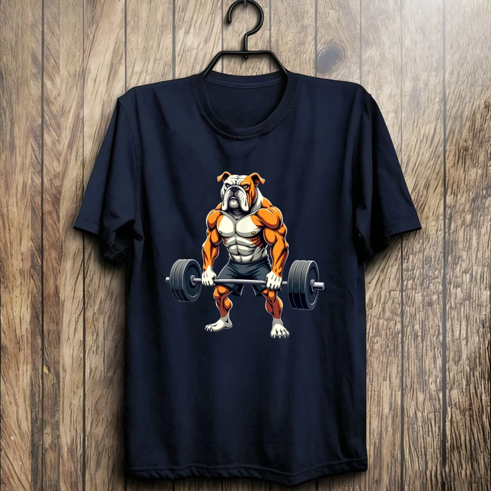Workout Gym American Bulldog Deadlift Weightlifting T-Shirt Gym Strong Dog Fitness Humor Men Cotton Casual Streetwear Shirt