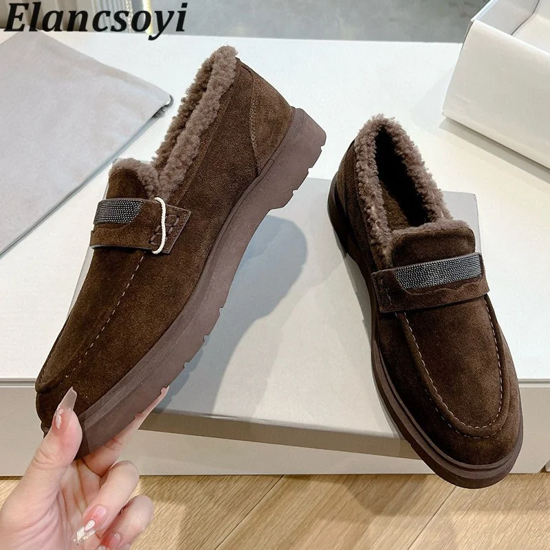 Loafers Winter Round Toe Metal Bead design Vacation Flat Shoes Women's Wool Lining Keep Warm Shallow Mouth Casual Shoes