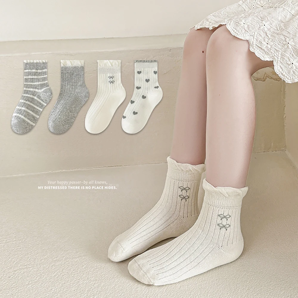 4 Pairs a Lot Children's Socks Sweet Bow Love Girls Knee-high Socks Autumn Child Socks Korean Version Kids Socks