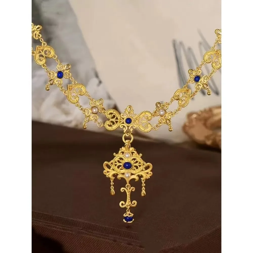 

Victorian Court Style Rococo 14K Gold Filled Lapis Freshwater Pearl Choker Filigree Pendant Chain Necklace Architecture Jewelry