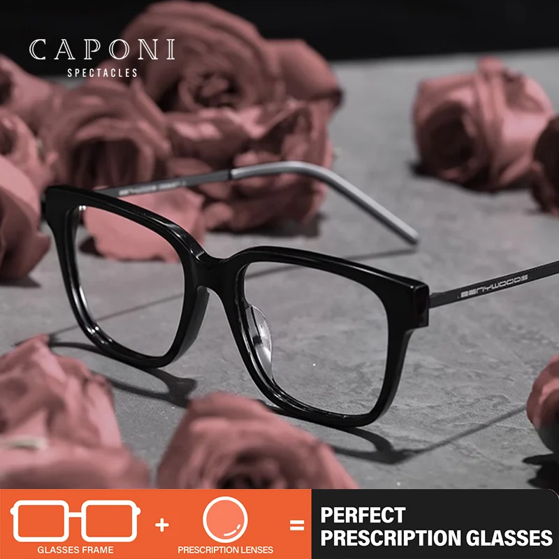 CAPONI Prescription Men Glasses Classic Acetate Myopia Optical glasses Cutomized Progressive Blue Ray Black Eyeglasses PJ23029
