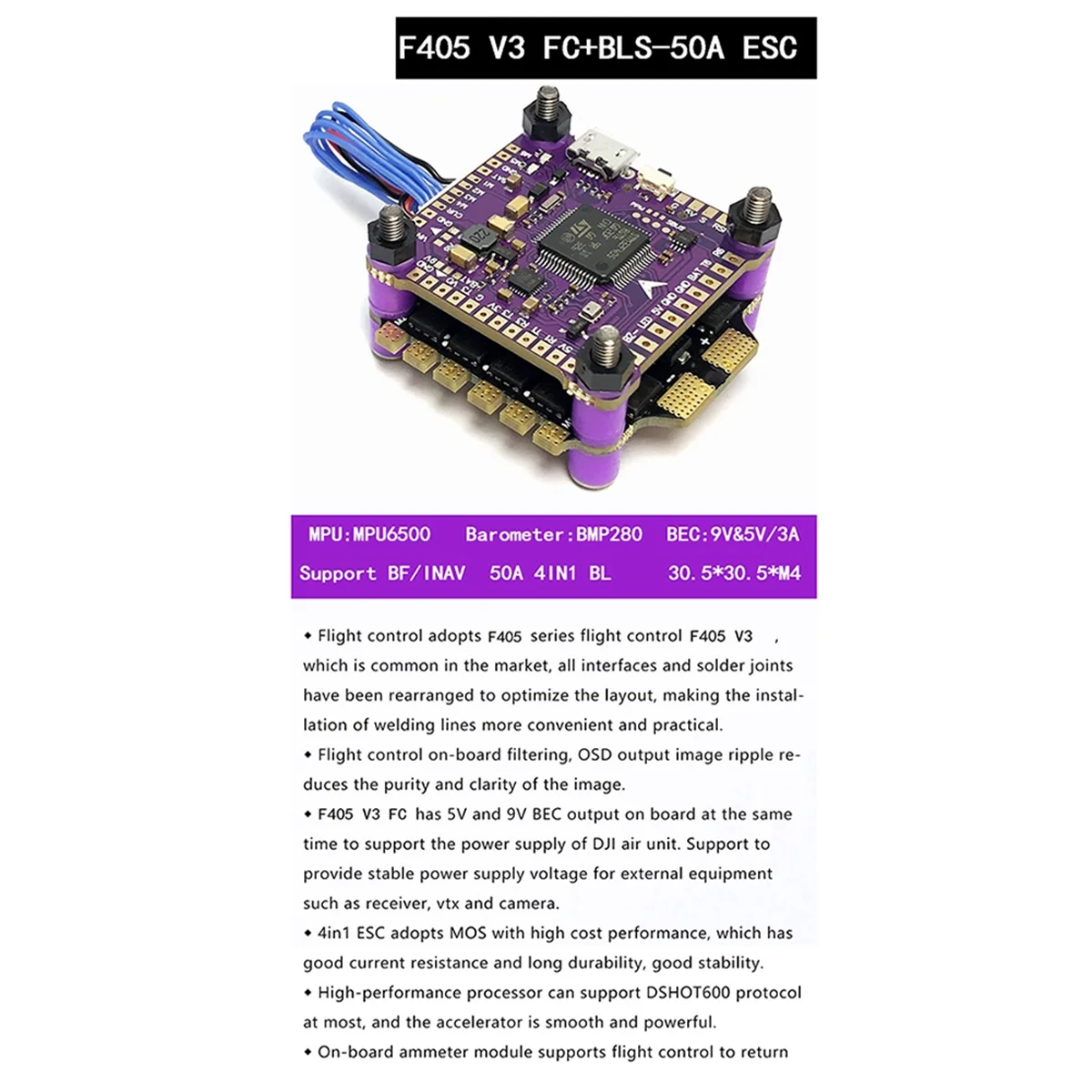 

F405 V3 3-6S 30X30 Fcandesc FPV Stack BMP280 Flight Controller BLHELIS 50A 4In1 ESC For Freestyle Drone Model Easy To Use