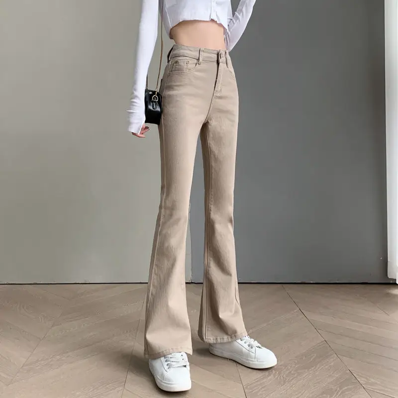 Retro Slim Fit Skinny Denim Pants for Women Khaki Flared Trousers High Waist Shot Womens Bell Bottom Jeans South Korea Unique A