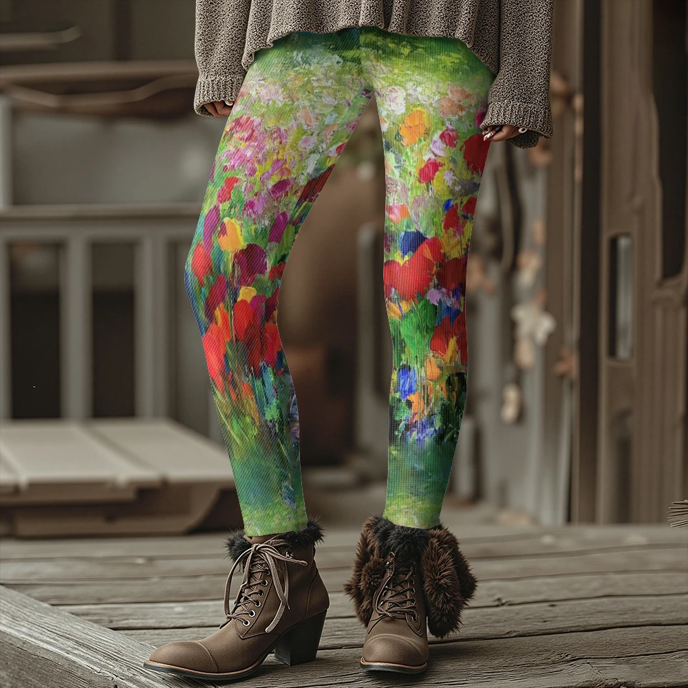 الملونة تتفتح الزهور نمط المرأة طماق الخريف الشتاء الدافئة الأزياء الجوارب أنيق في الهواء الطلق نظرة أزياء الشارع الشهير #4