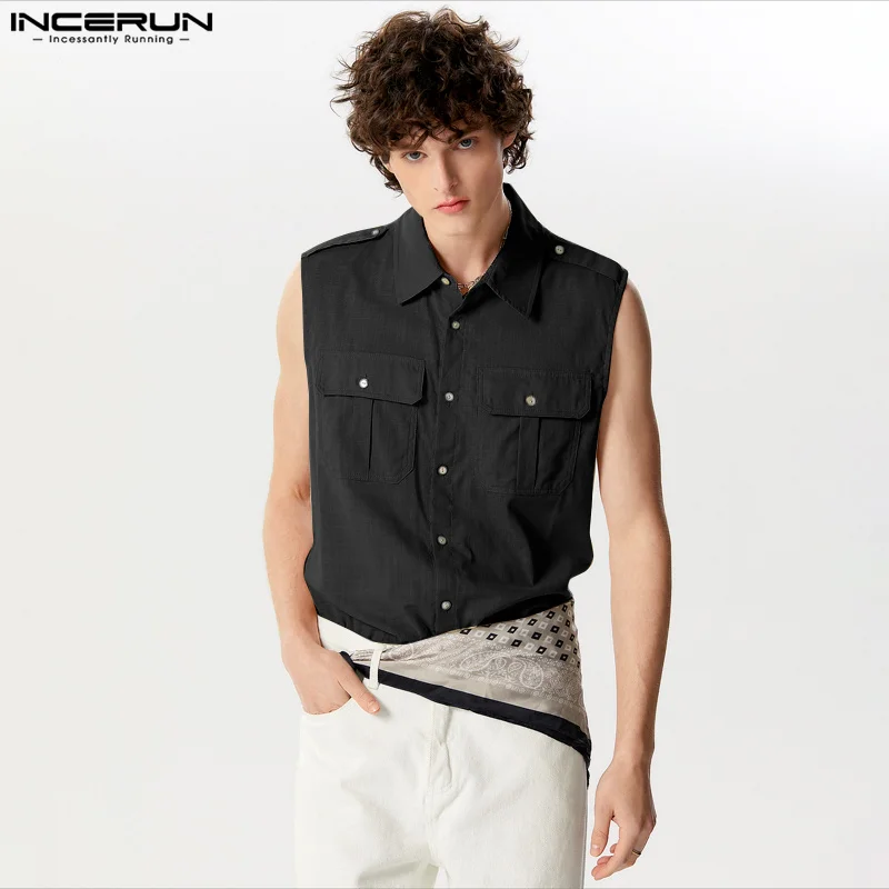 2024 Men Shirt Solid Color Lapel Sleeveless Button Summer Casual Men Clothing Cotton Streetwear Breathable Camisas S-5XL INCERUN