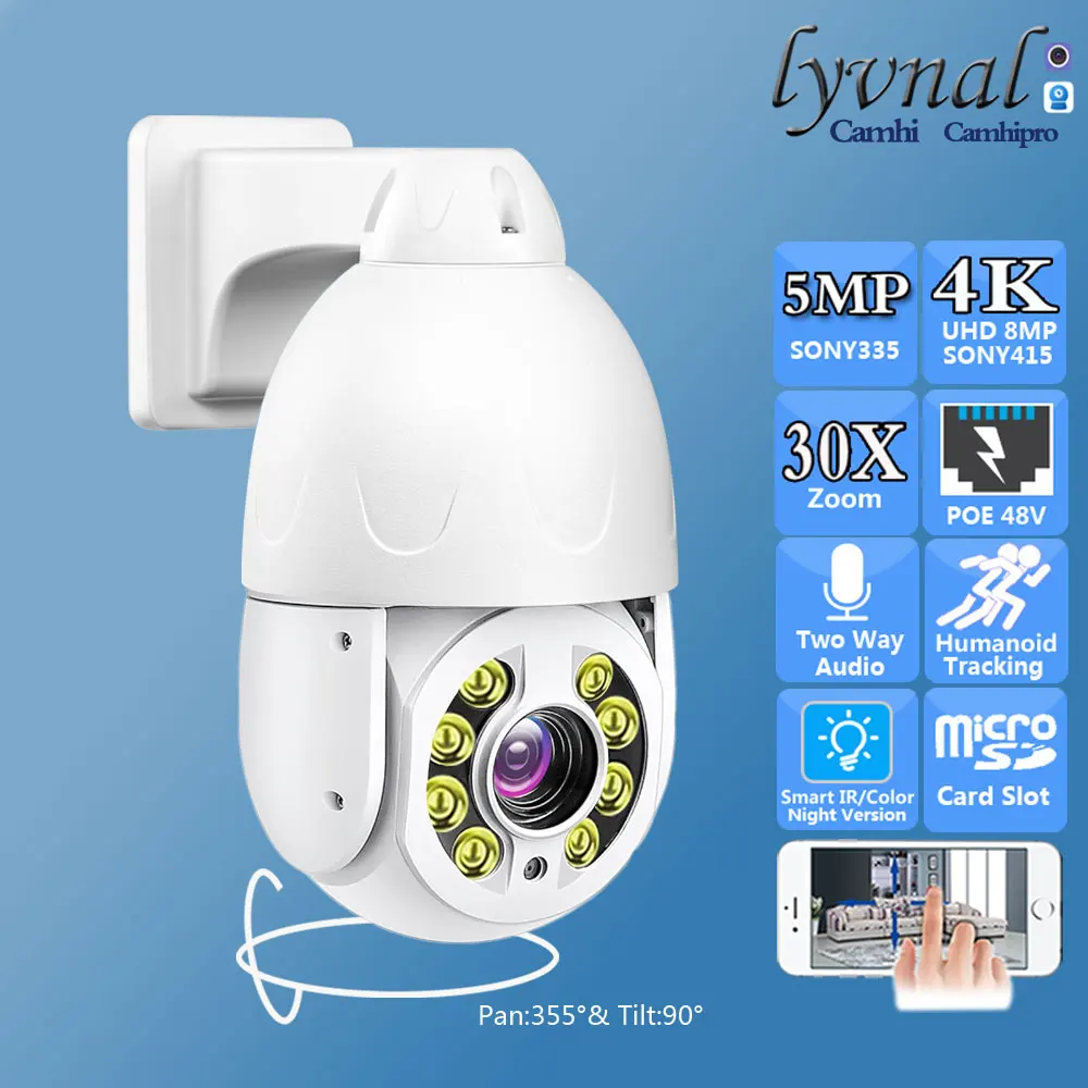 

SO-NY415 4K 8MP Security Surveillance IP Camera POE PTZ Dome 30X Zoom Auto Human Tracking Two Way Audio IR&Color Night Vision