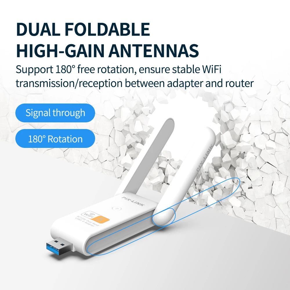 PIXLINK-Mini Dual Band WiFi Adapter, USB 3.0, Placa de Rede Sem Fio, Dongle 5GHz, 2.4GHz com Antenas, UAC15, 1200m