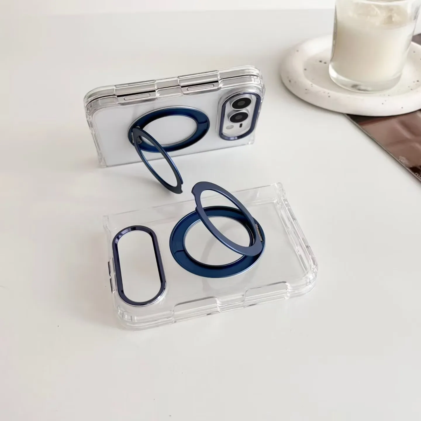 Magnetic 360° Metal Stand Backet Phone Case For Apple iPhone Duo Fold Transparent For Magsafe Charge Bumper PC Hard Back Cover