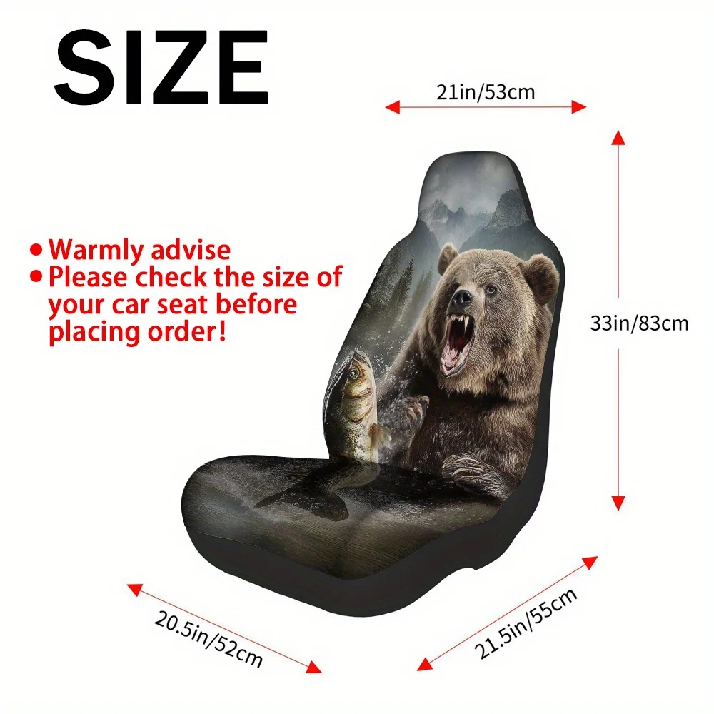 Set Of 2, Grizzly Bear Fishing Wildlife Nature Artwork Front Protectors, Maintains Cleanliness Of Front Seats During Daily Use,