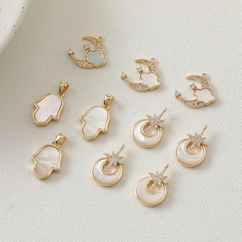 

2PCS 18K Gold Plated Pendant Brass Copper Inlaid Zircon Shell Charms Necklace Earrings DIY Making Supplies Material Accessories