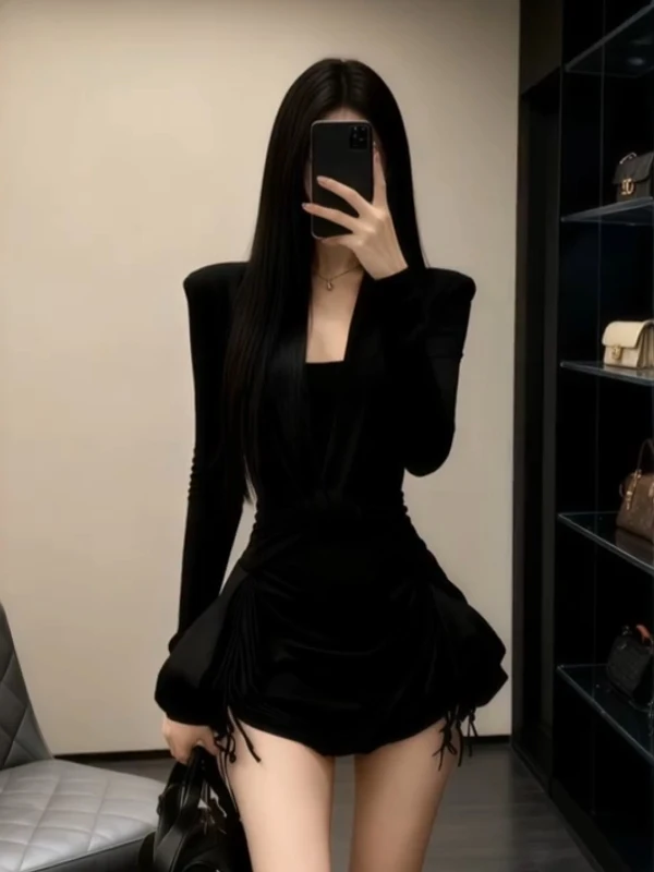 

Ele Bla Long Sve V-Ne Dr Women's Autumn Winter Slimming Waist Cinched ort Dr Formal Ocn Gown