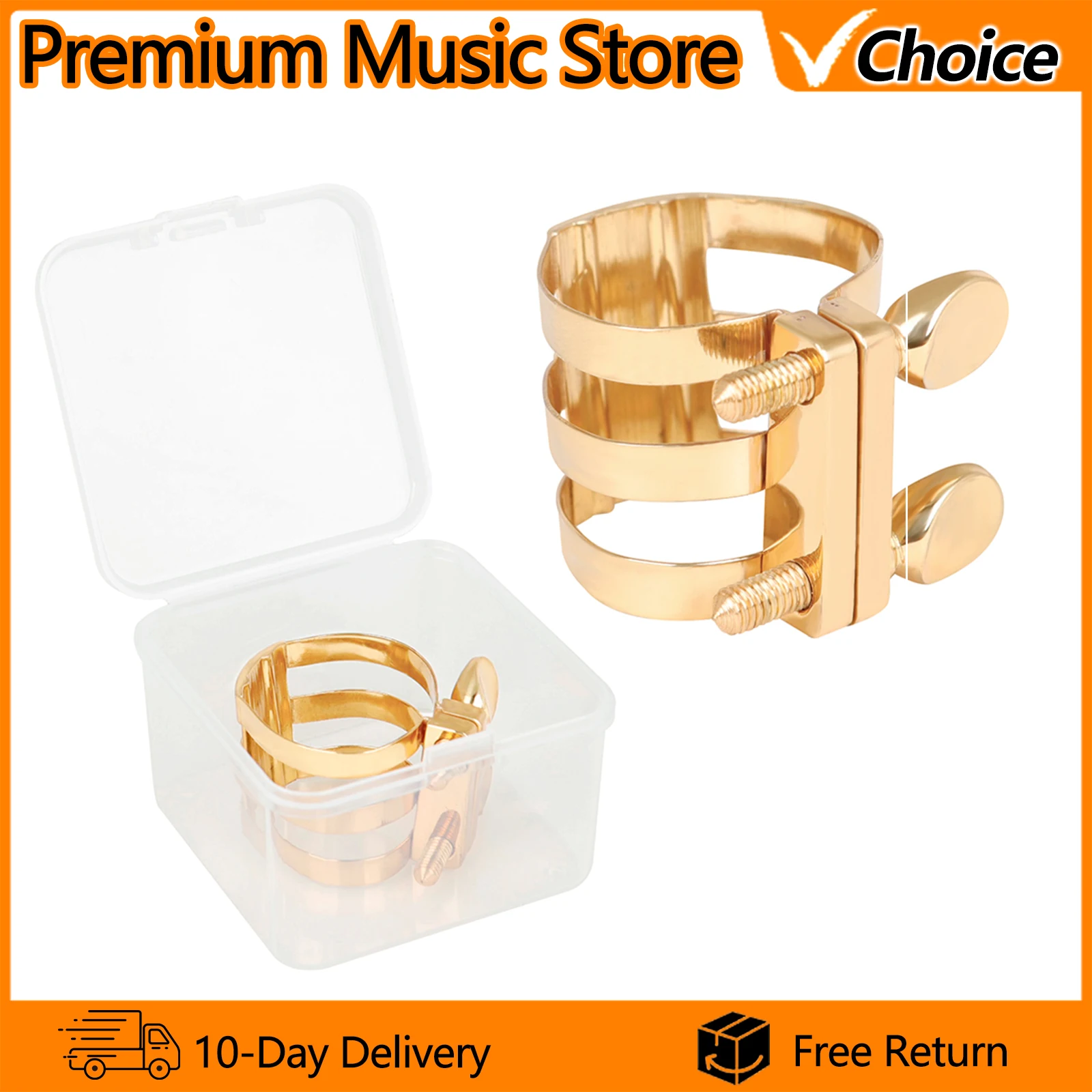 Gold Metal Alto Sax Ligature with Arc Design & Transparent Box 3-Reinforced Clip Saxophone Mouthpiece Holder for Secure Reed Fit