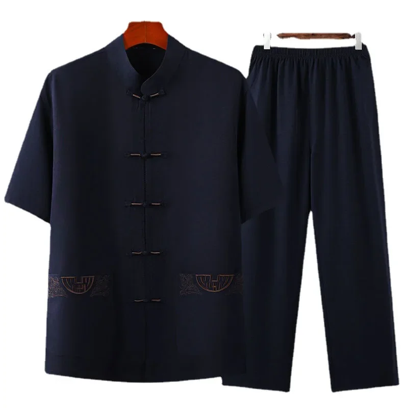 唐スーツ夏通気性中国風レトロシャツパンツ半袖ハンドボタン刺繍東洋の伝統的な服