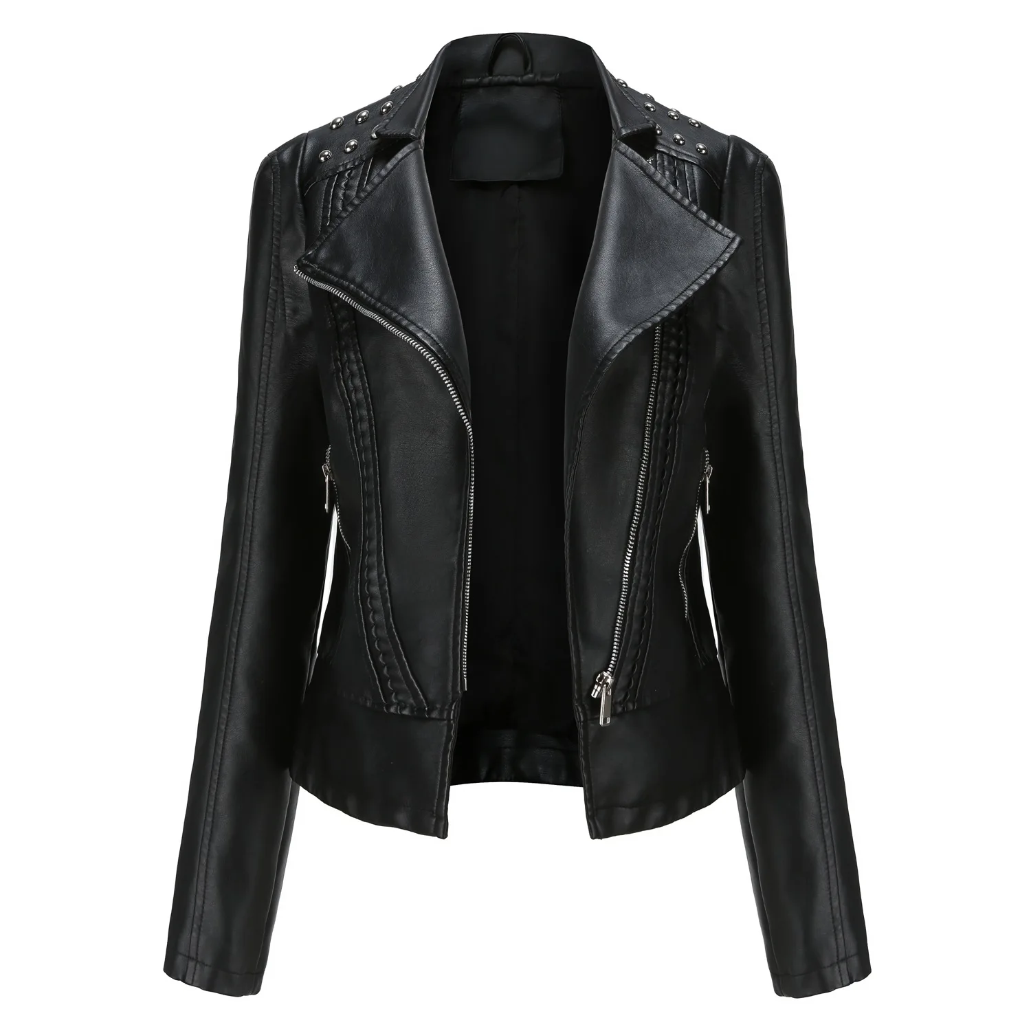 Women\'s Punk Rivet Leather Jacket Spring Autumn Retro Turndown Collar Slim Casual Ladies Faux Soft Leather Moto Biker Outerwear