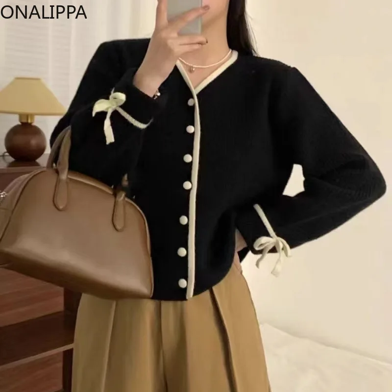 Onalippa Sweet Contrast Bows Cropped Cardigan Lace Up Patchwork V Neck Knitted Cardigans Korean Chic Single Breasted Sweater