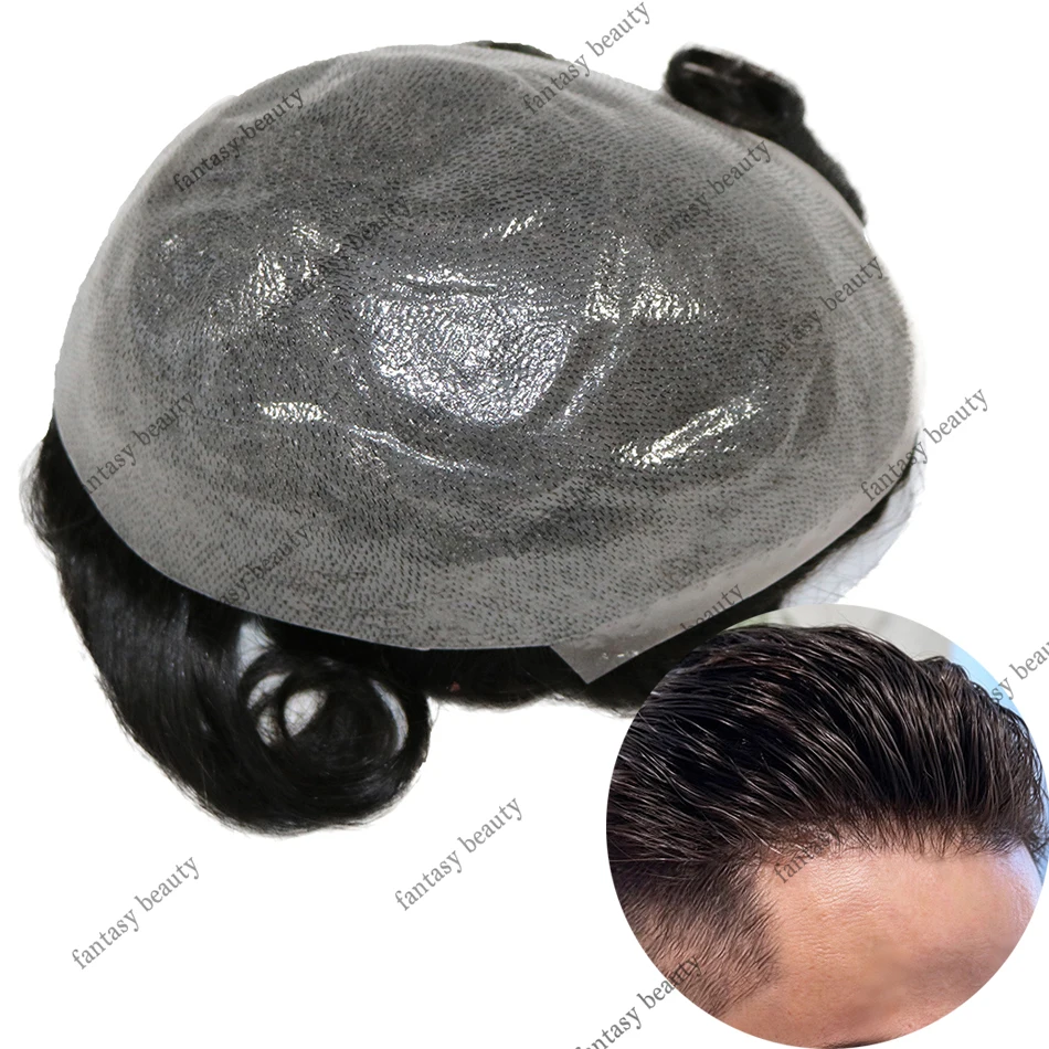 Men Toupee 0.02mm Thin Skin Full PU Base 100% Density Human Hair #60RY White Natural Hairline Hair System Male Hair Replacement