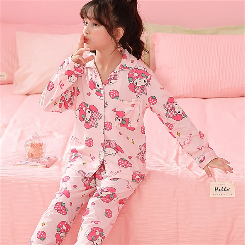 Sanrio Cinnamoroll Pajamas Kuromi My Melody Children Casual Spring Home Long Sleeve Flip Neck Cardigan Kid Girls Nightwear Pants