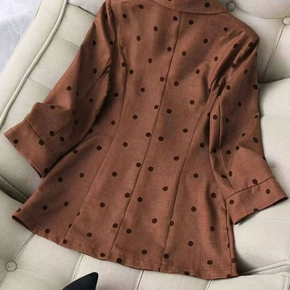 Chic Women Fall Blazer Retro Polka Dot Print Jacket Slim Fit Long Sleeve Suit Notched Lapel Business Casual Outerwear