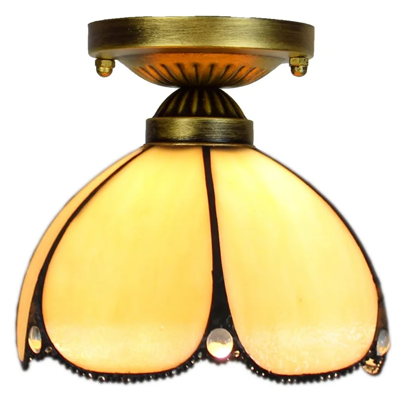 European Stained Glass Ceiling Light - Handcrafted Floral Rose Mosaic, Antique 8Inch Wide Flush Mount for Dining Room/Library
