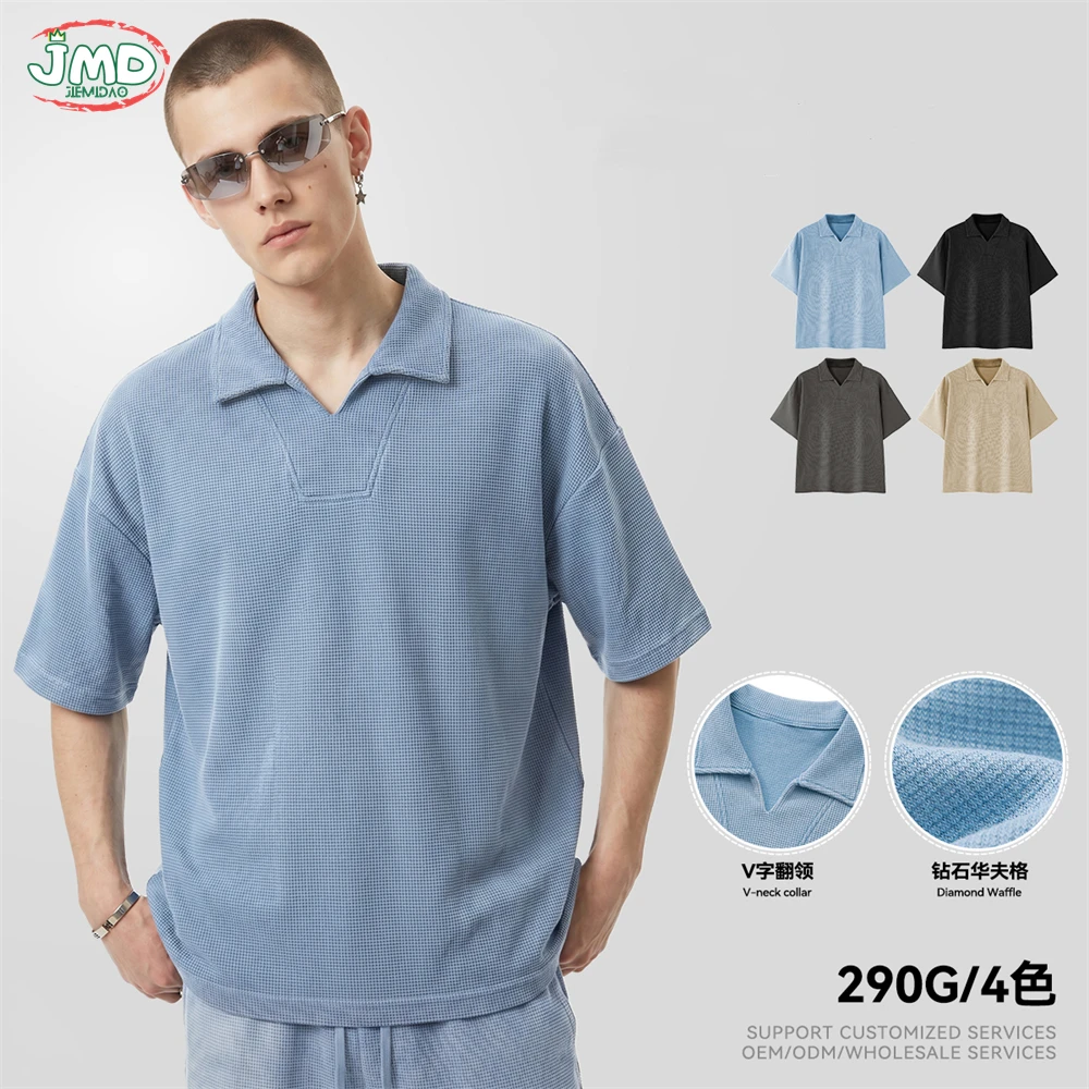 JMD Retro 290gsm Washed Waffle Polo T Shirt For Man Unisex High Street Turn Down Collar V Neck Solid T-Shirts Streetwears QH0091