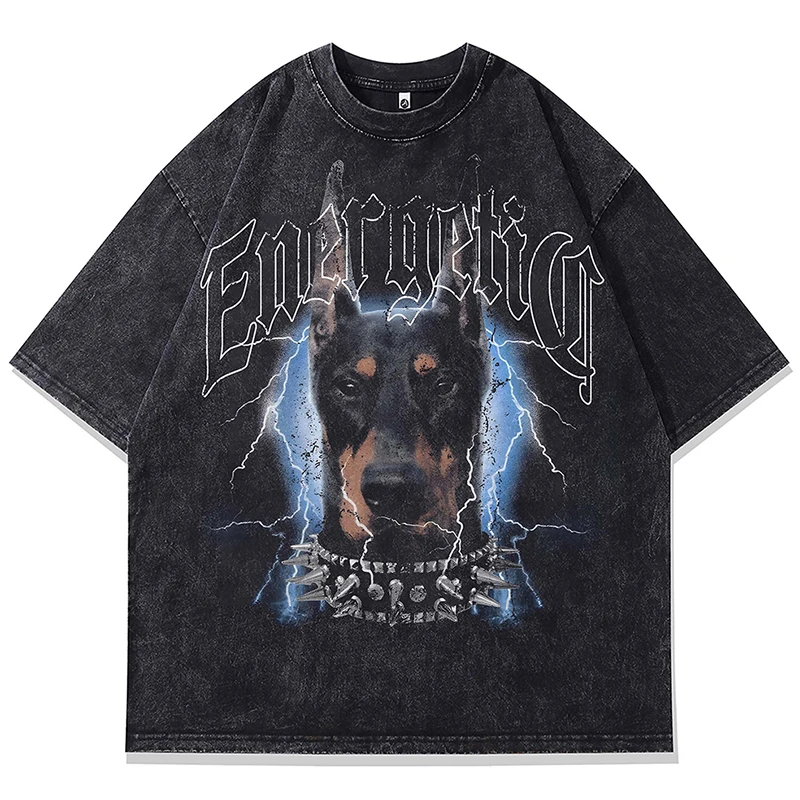 

Summer Men Washed Tshirts Hip Hop Lightning Doberman Dog Graphic T-Shirt Streetwear Harajuku Distressed Cotton T Shirts Top Tees