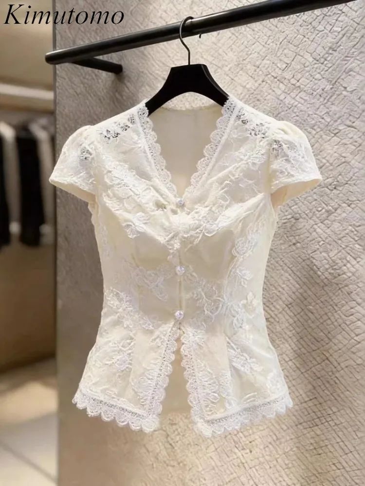 

Kimutomo Shirts Women Short Sleeve Fashion Elegant Slim Embroidery V Neck Short Sleeve Crop Tops Button Vintage Ladies Blouse