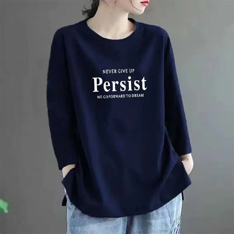 Fashion O-Neck Loose Printed Letter T-Shirt Women's Clothing 2023 Autumn Winter Oversized Casual Tops All-match Tee Shirt