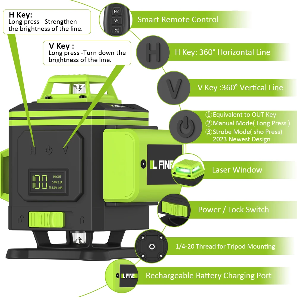 Lfine Nivel Laser 4D 16 Lines 360°Self-leveling Laser Levels withTripod and Suitcase Green Lines Professional Laser Level Tool